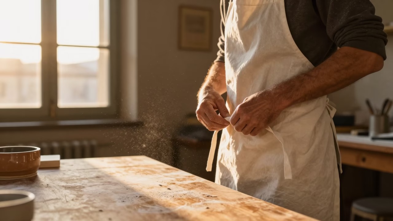 Adjusting Apron in Florence in in Florence, Italy