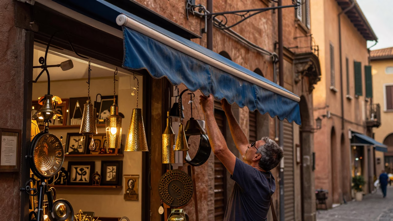 Adjusting Awning in Bologna in in Bologna, Italy