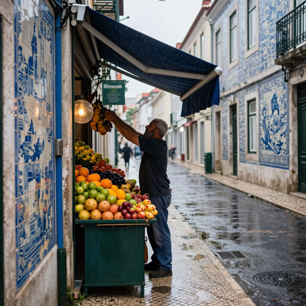 Adjusting Awning in Lisbon in in Lisbon, Portugal