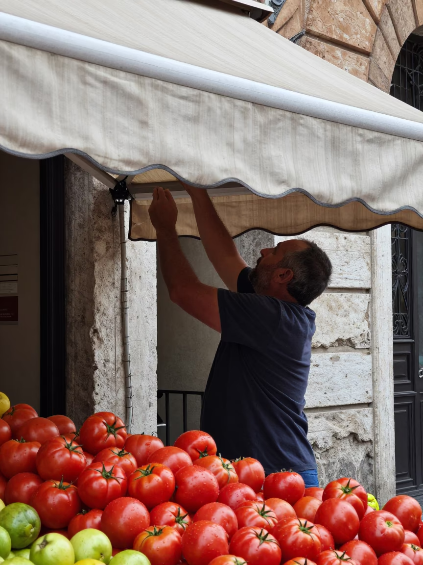 Adjusting Awning in Rome in in Rome, Italy