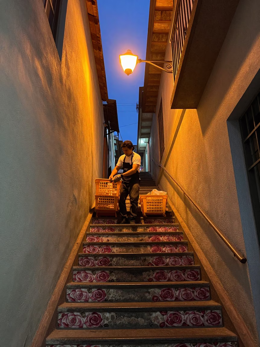 Adjusting Baskets in Valparaiso in in Valparaiso, Chile