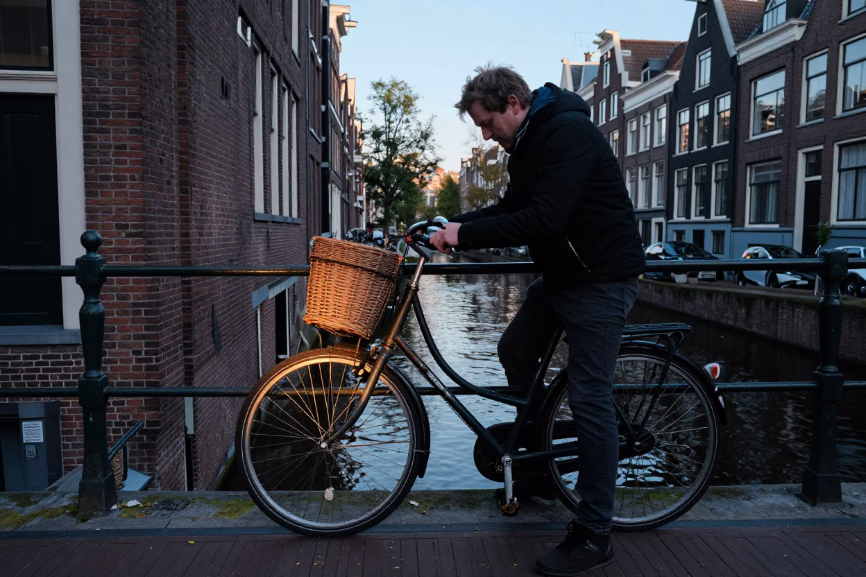 Adjusting Bike in Amsterdam in in Amsterdam, Netherlands