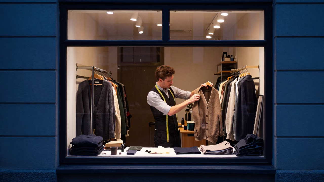 Adjusting Cardigan in Stockholm in in Stockholm, Sweden