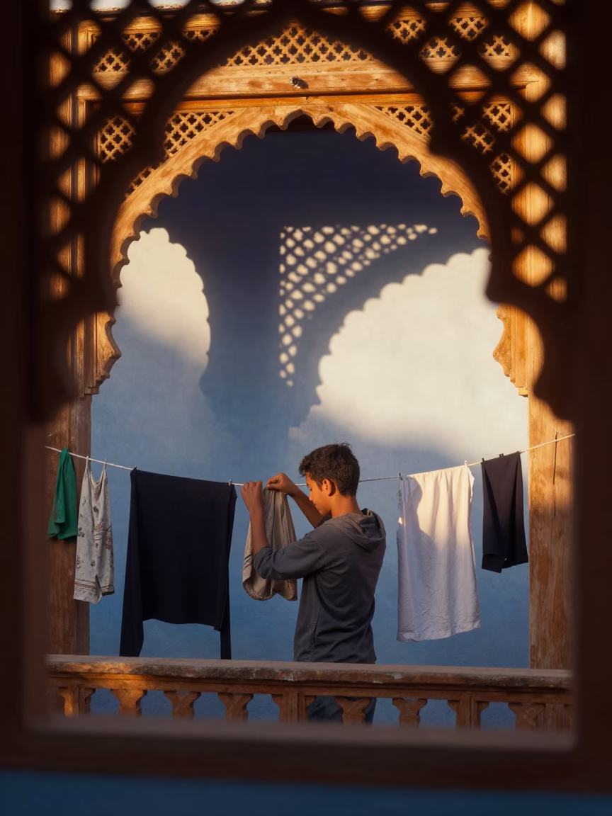 Adjusting Clothesline in Essaouira in in Essaouira, Morocco
