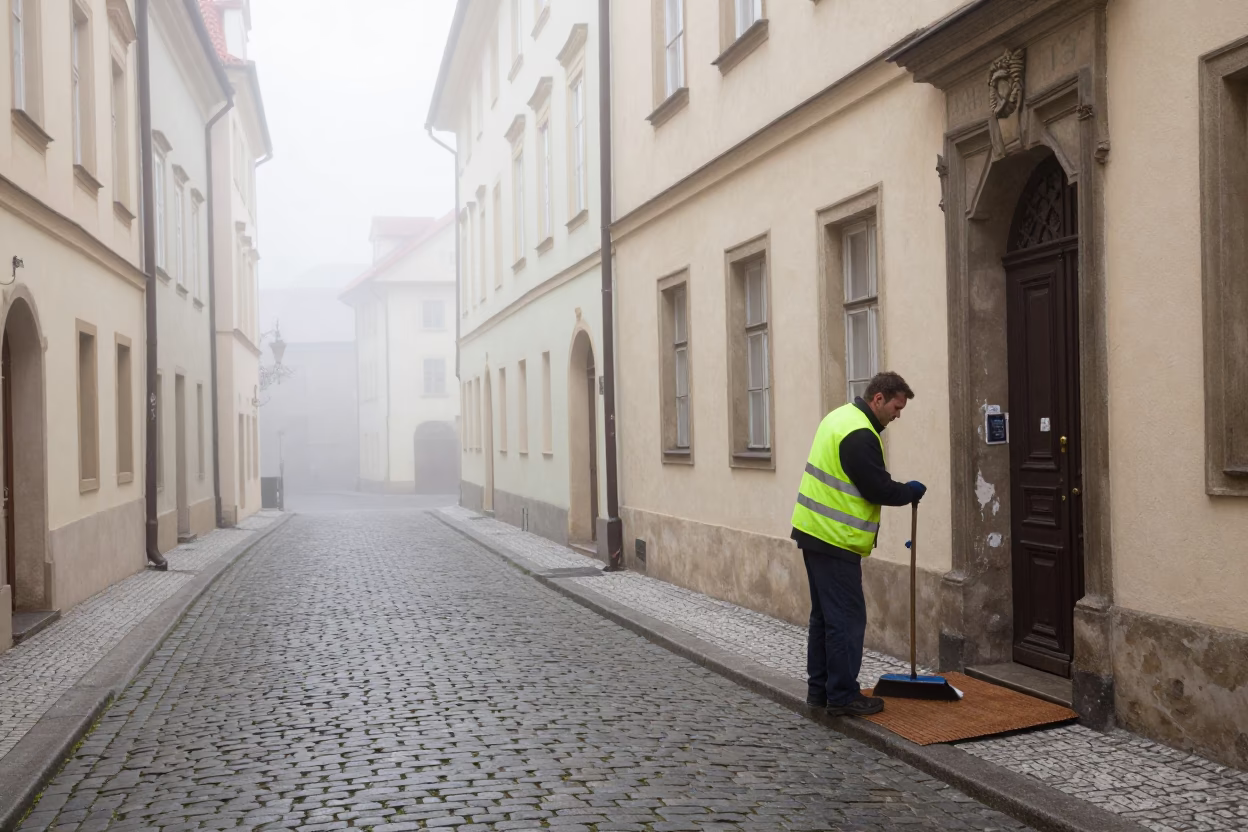 Adjusting Doormat in Prague in in Prague, Czech Republic