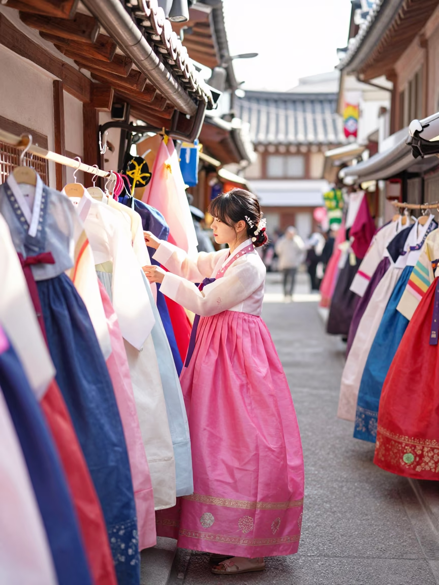 Adjusting Hanbok in Seoul in in Seoul, South Korea