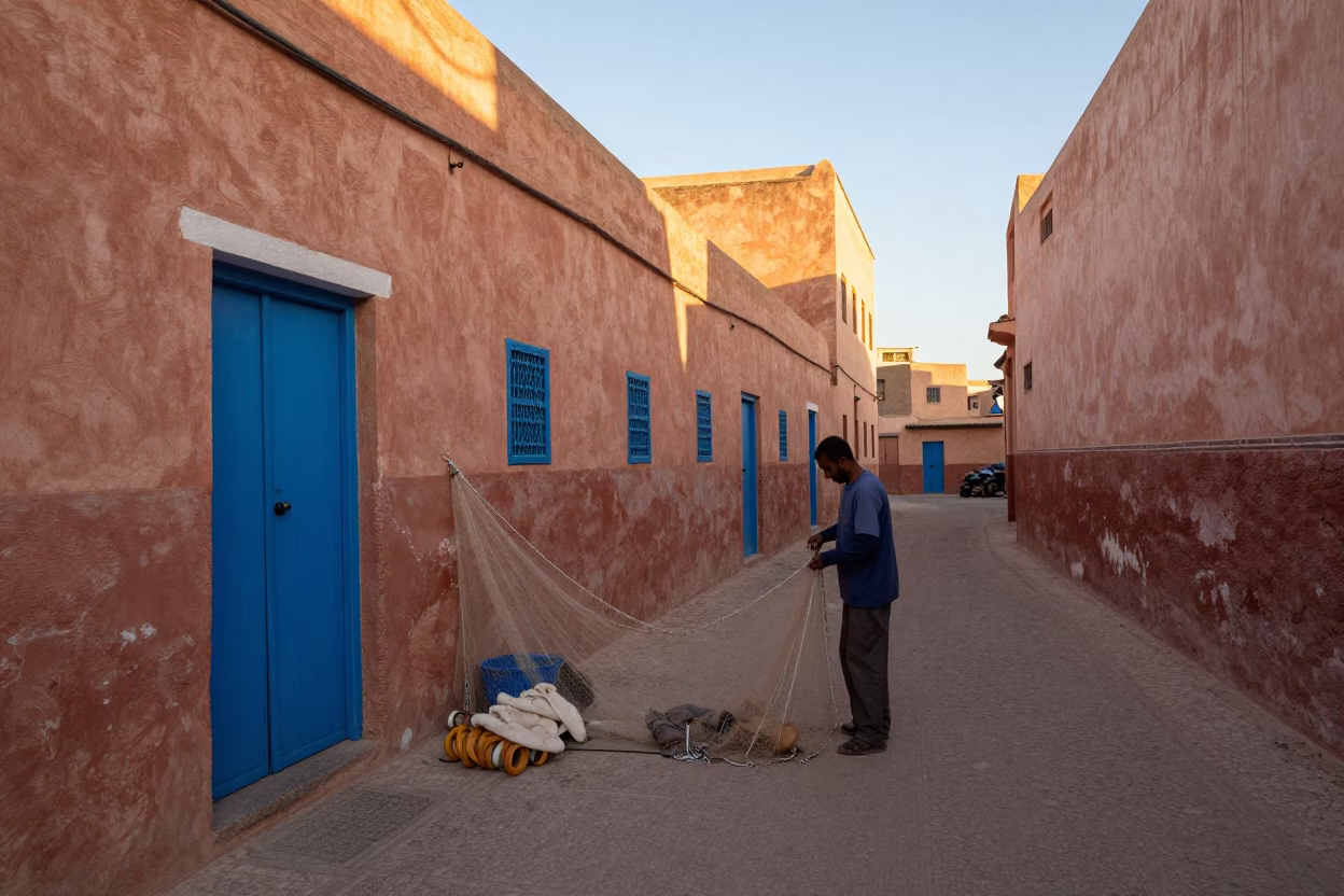 Adjusting Net in Essaouira in in Essaouira, Morocco