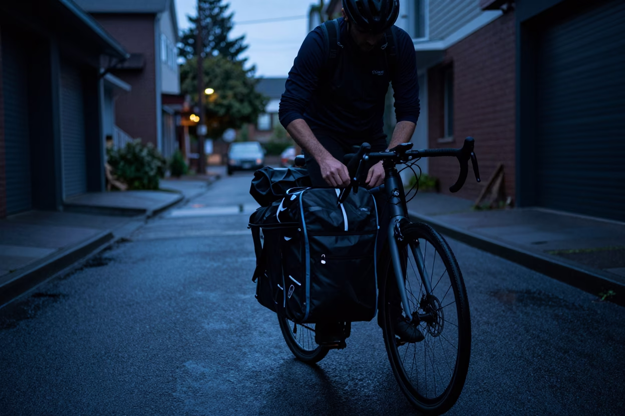 Adjusting Pannier in Portland in in Portland, Oregon, United States