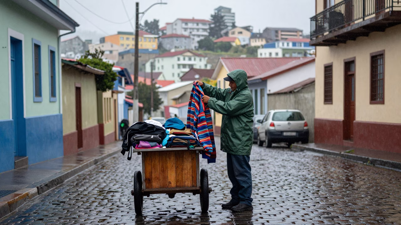Adjusting Raincoat in Valparaiso in in Valparaiso, Chile