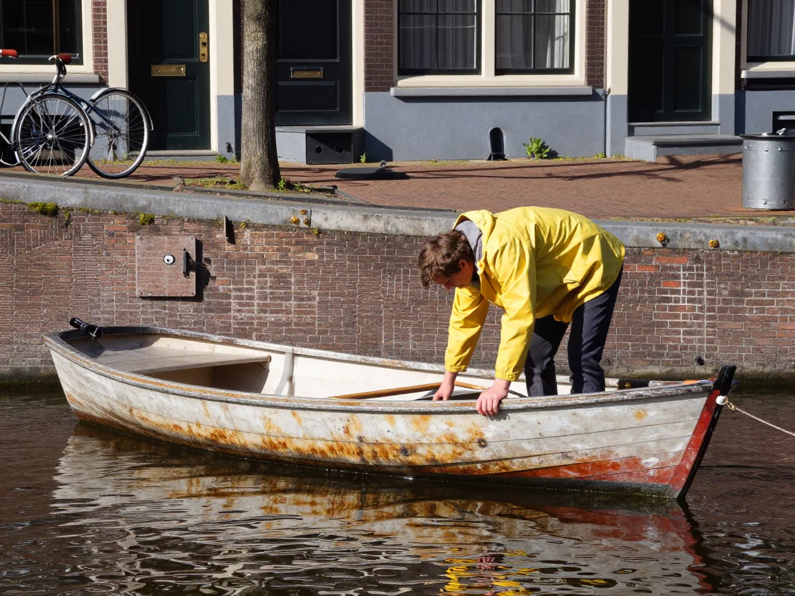 Adjusting Rowboat in Amsterdam in in Amsterdam, Netherlands