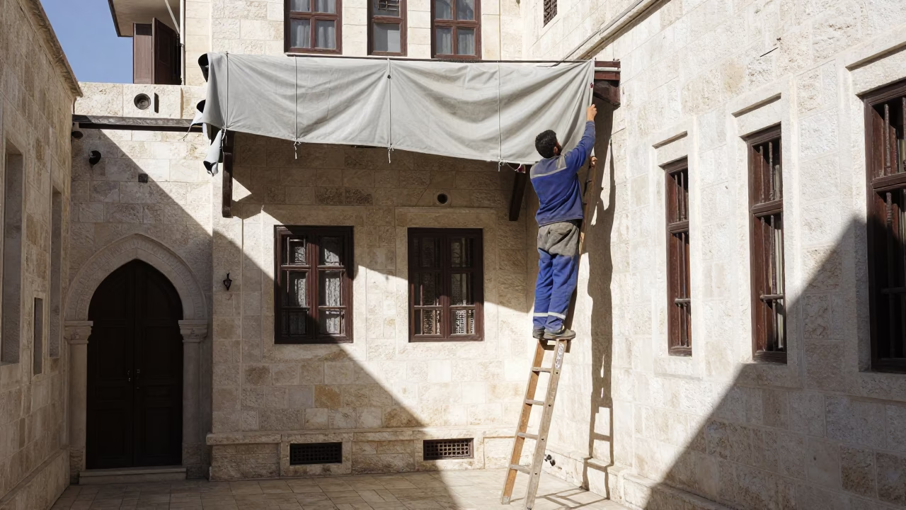 Adjusting Tarp in Beirut in in Beirut, Lebanon