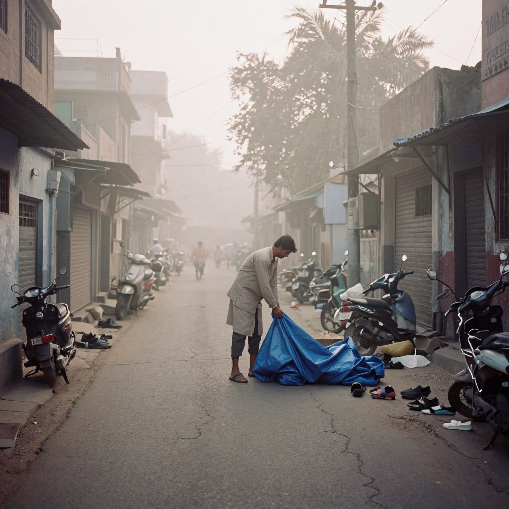 Adjusting Tarp in Delhi in in Delhi, India