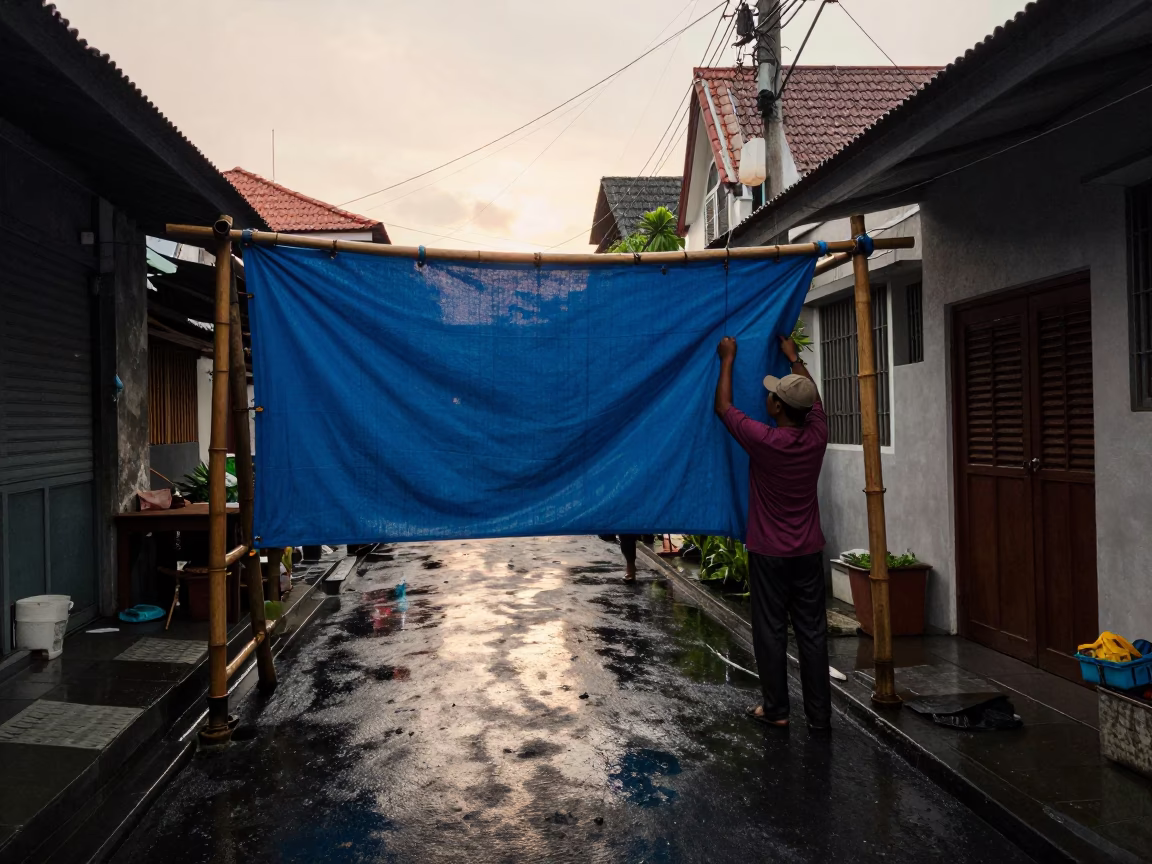 Adjusting Tarp in Denpasar in in Denpasar, Indonesia