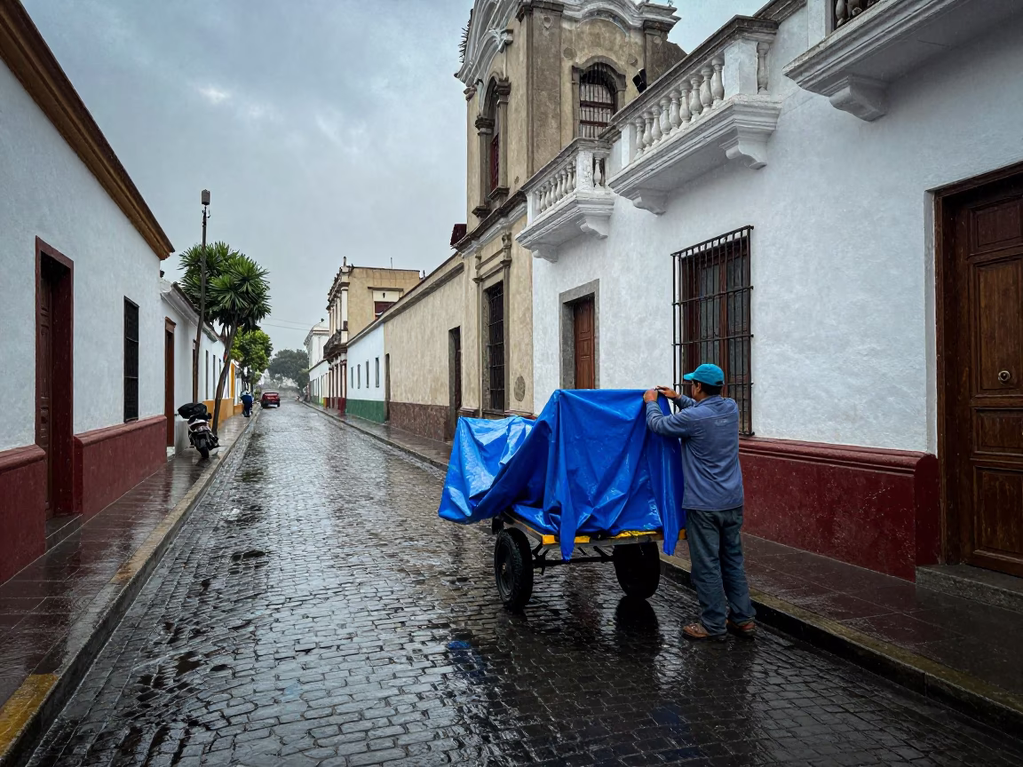 Adjusting Tarp in Lima in in Lima, Peru