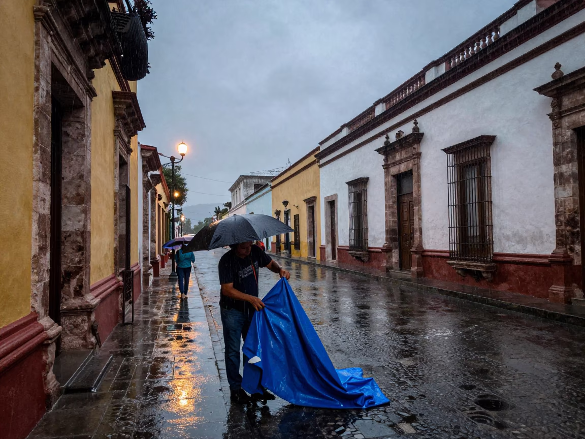 Adjusting Tarp in Merida in in Merida, Mexico