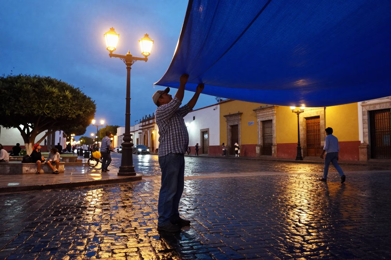 Adjusting Tarp in Oaxaca in in Oaxaca, Mexico