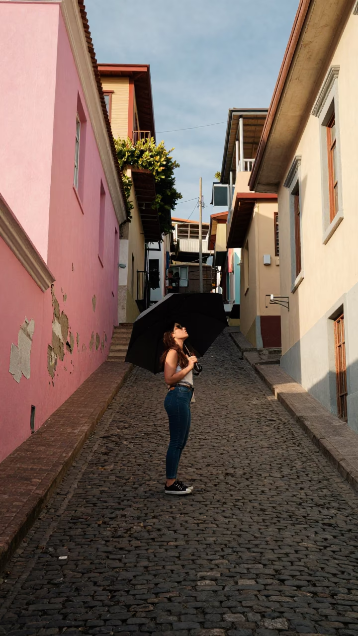 Adjusting Umbrella in Valparaiso in in Valparaiso, Chile