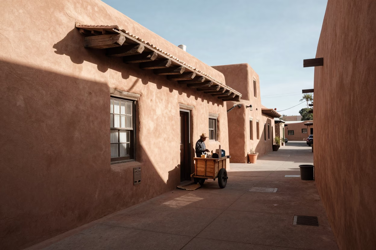 Adobe Alleyway at The Early Afternoon Light in Santa Fe in in Santa Fe, New Mexico, United States