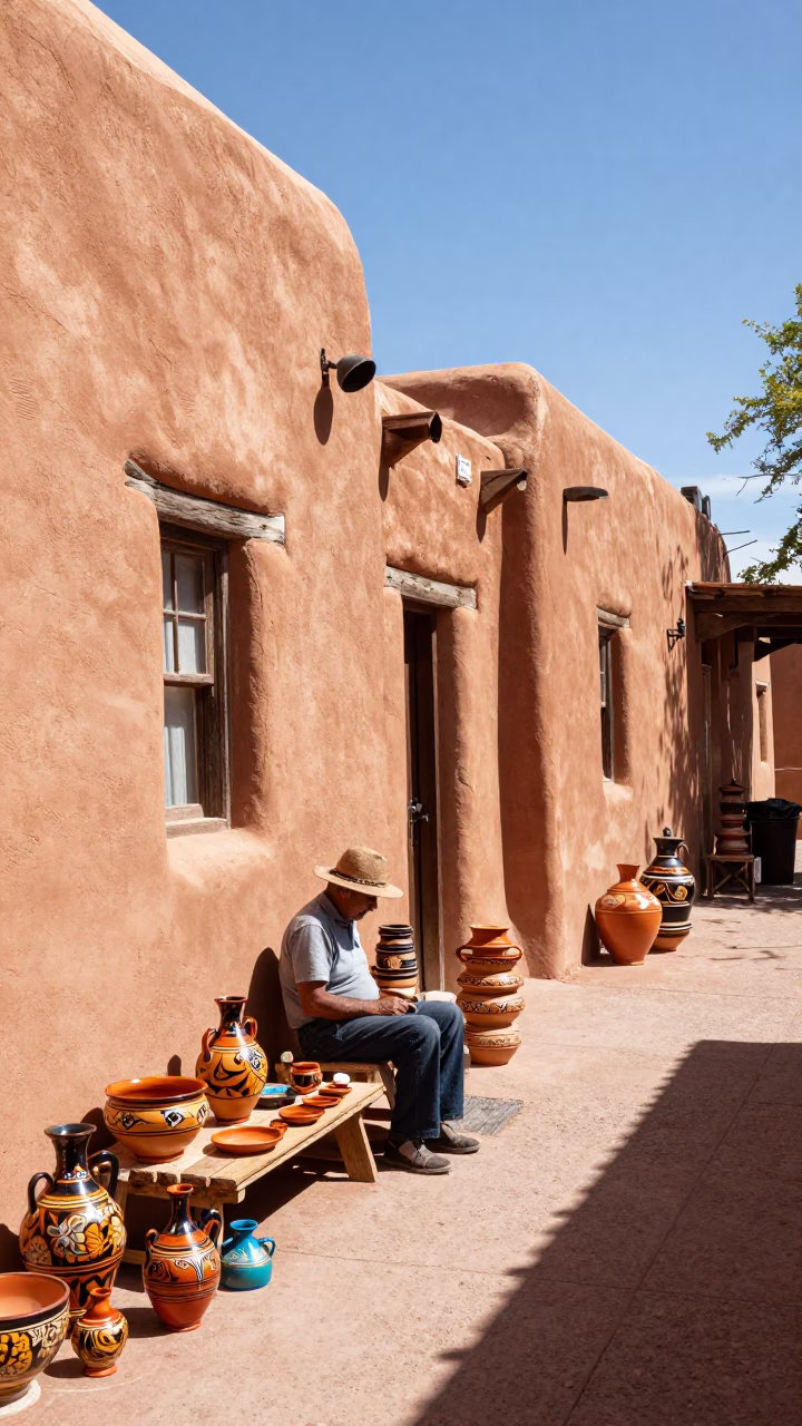 Adobe Alleyway in Santa Fe at Bright Midmorning Light in in Santa Fe, New Mexico, United States