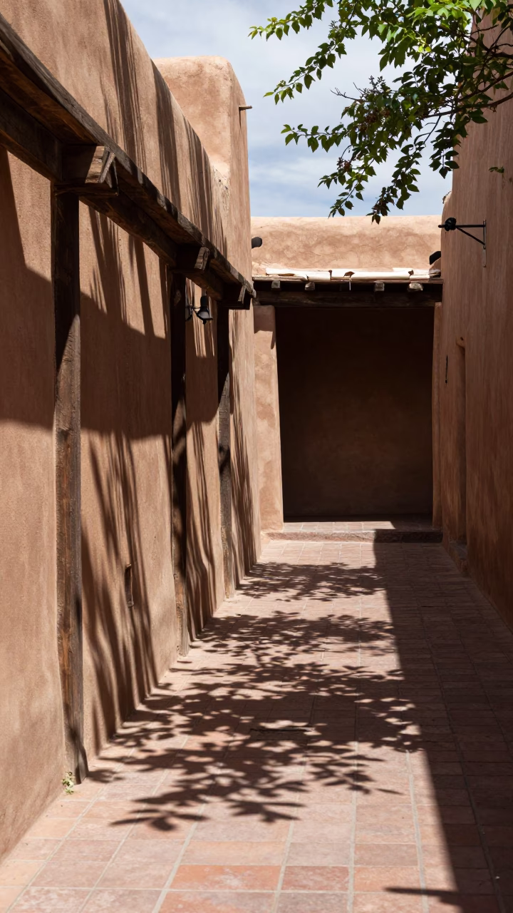 Adobe Alleyway in Santa Fe at Flat Noon Light in in Santa Fe, New Mexico, United States