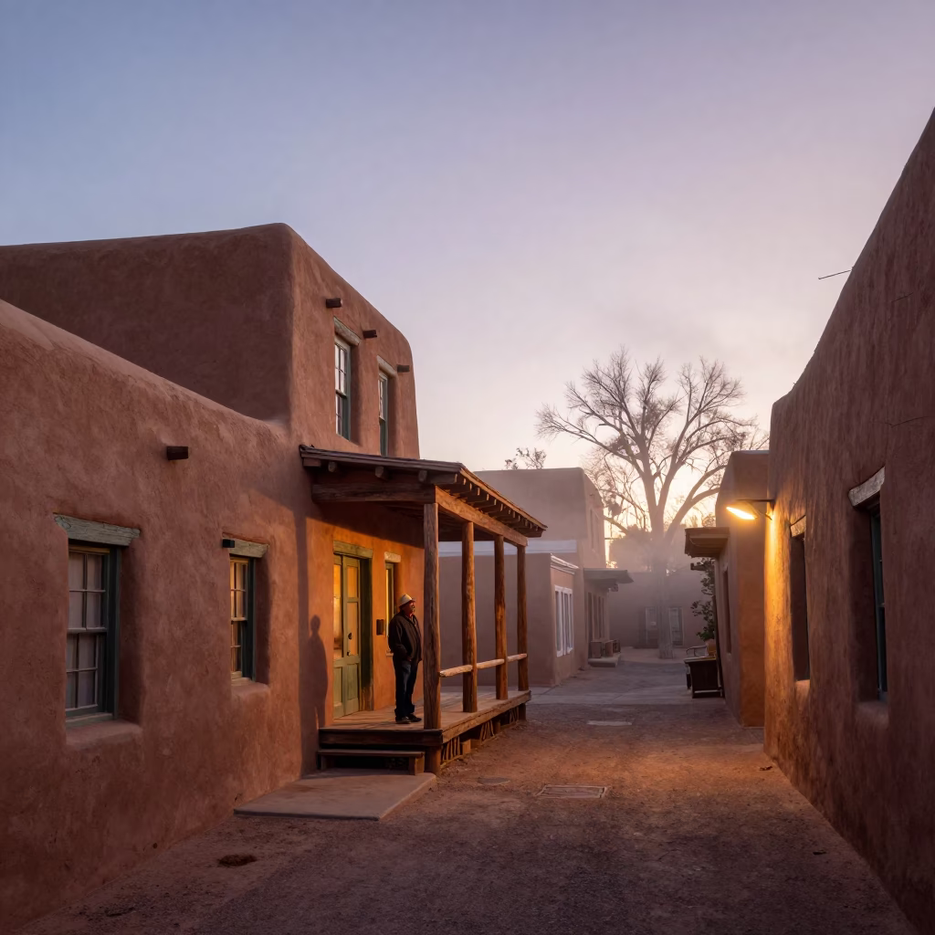 Adobe Alleyway in Santa Fe at Nautical Dawn Light in in Santa Fe, New Mexico, United States