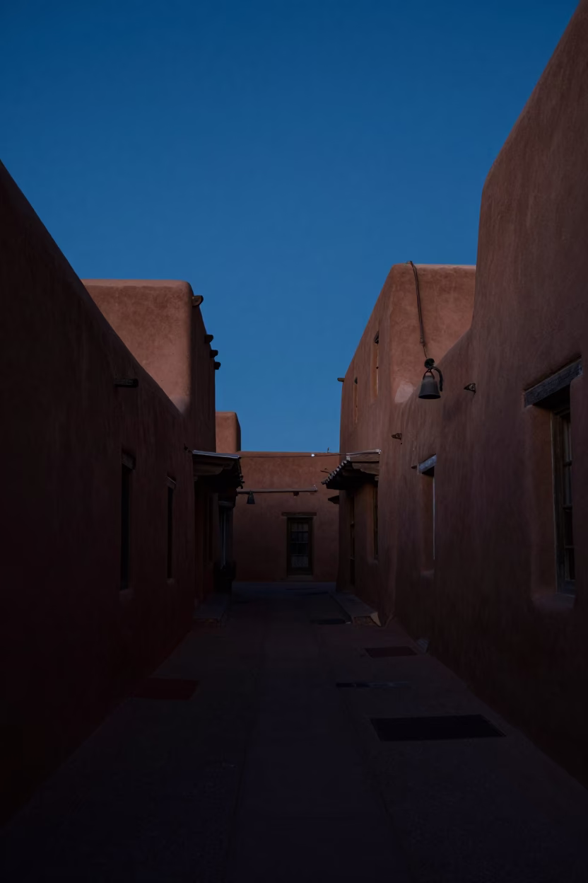 Adobe Alleyway in Santa Fe at The Predawn Darkness Light in in Santa Fe, New Mexico, United States