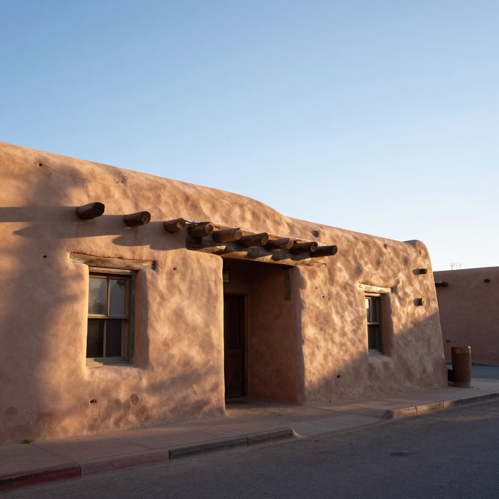 Adobe Architecture and Morning Light in Santa Fe New Mexico Street Scene in in Santa Fe, New Mexico, United States