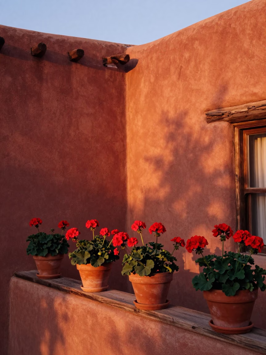 Adobe Architecture and Potted Geraniums in Santa Fe New Mexico Early Evening in in Santa Fe, New Mexico, United States