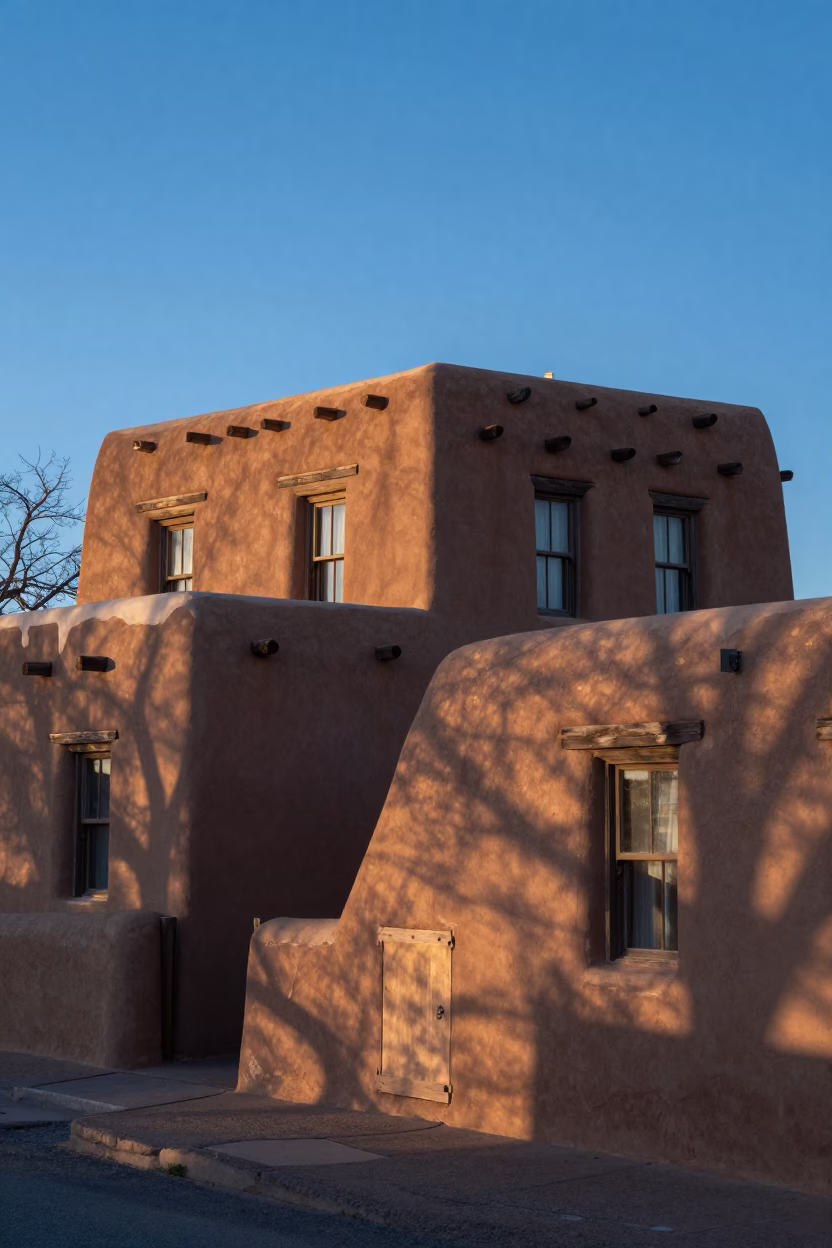 Adobe Architecture and Quiet Morning Light in Santa Fe New Mexico Before Dawn in in Santa Fe, New Mexico, United States