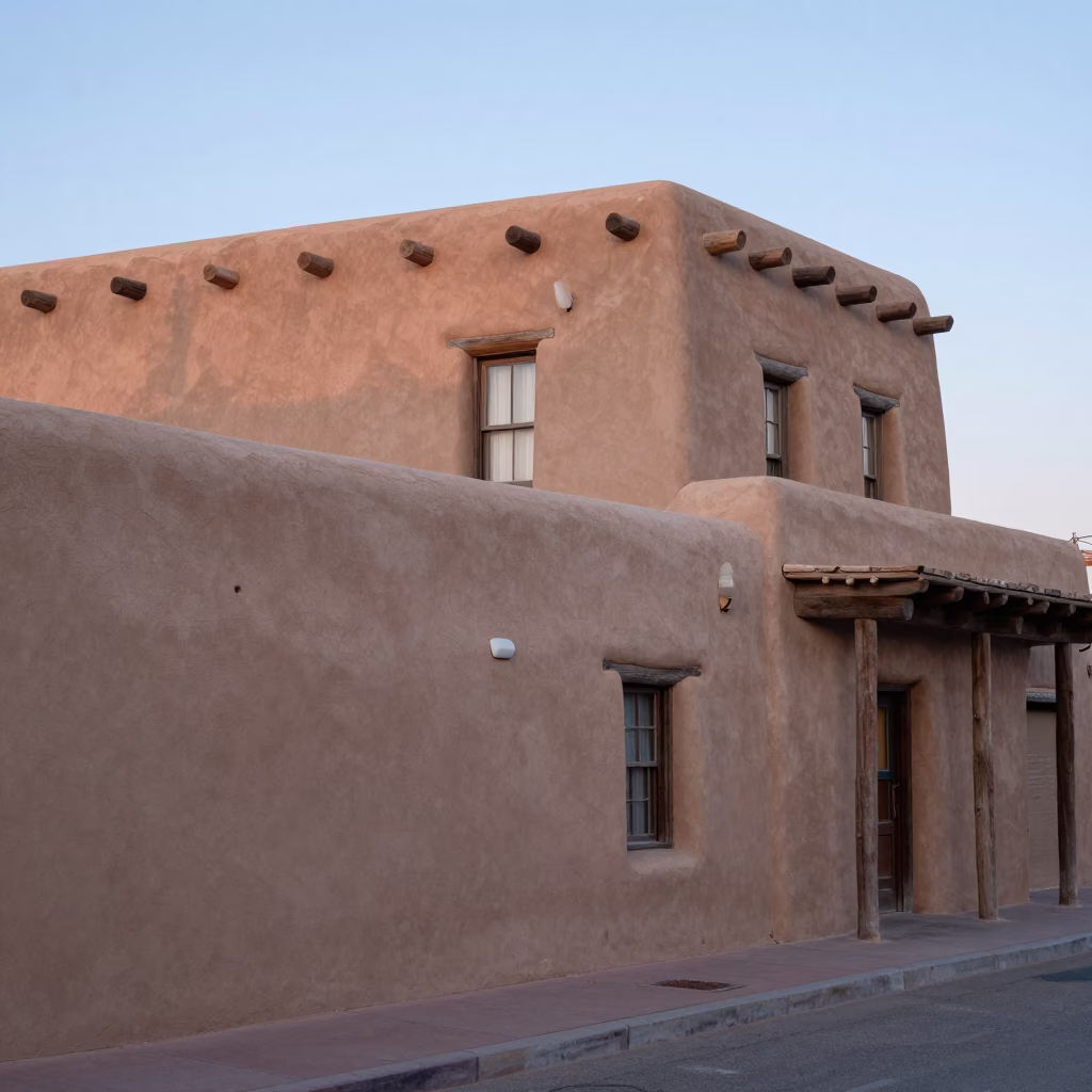 Adobe Architecture And Quiet Street Scene in Santa Fe in in Santa Fe, New Mexico, United States