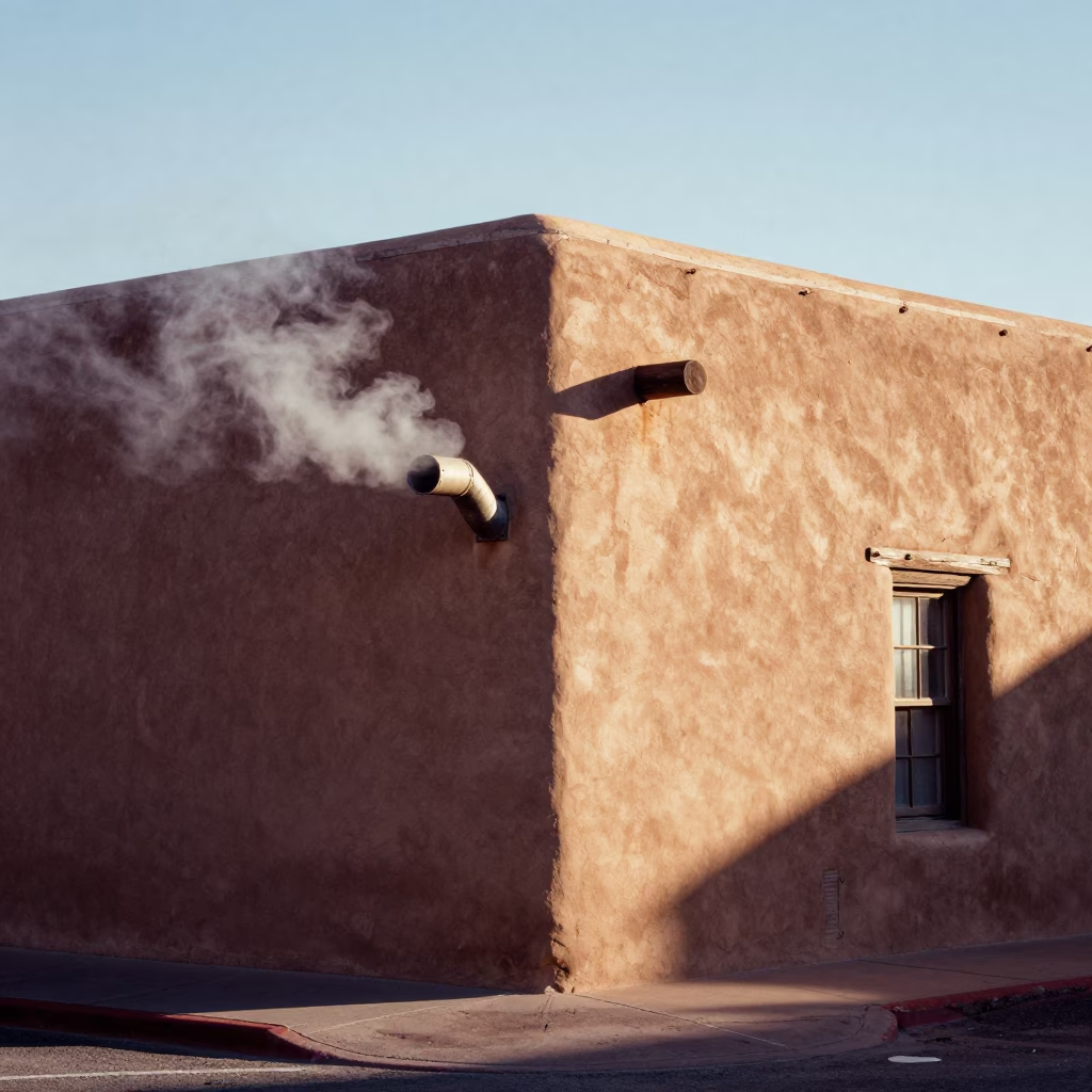 Adobe Architecture and Steaming District Heating Pipes in Santa Fe New Mexico Afternoon in in Santa Fe, New Mexico, United States