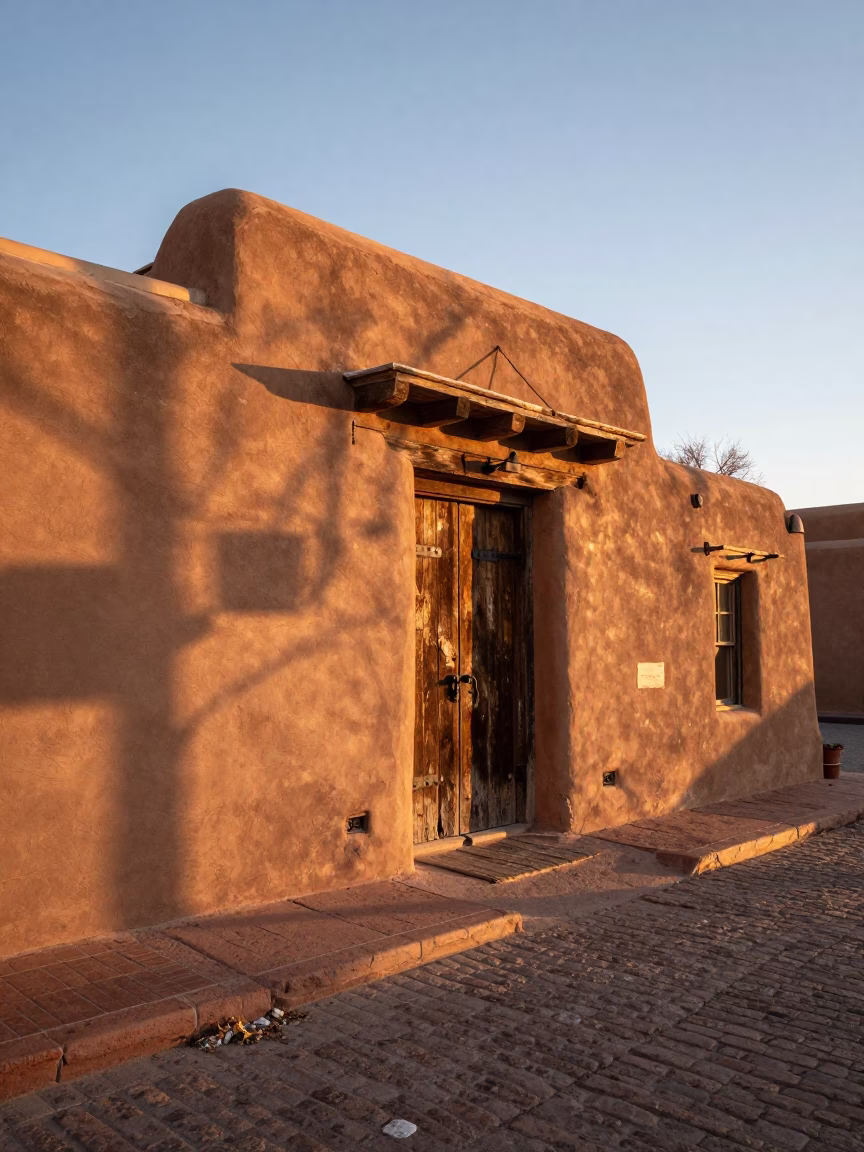 Adobe Architecture and Sunset Light in Santa Fe New Mexico Street Scene in in Santa Fe, New Mexico, United States
