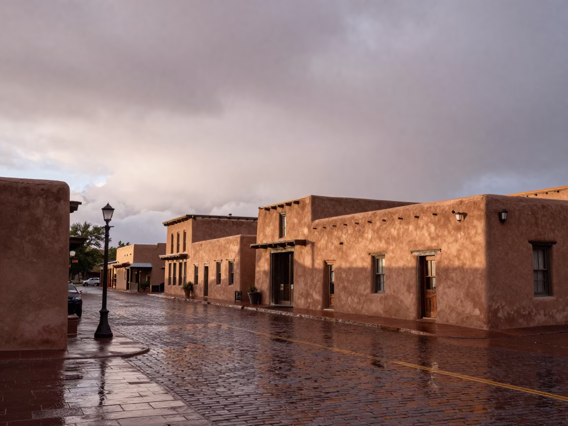 Adobe Architecture and Wet Streets in Santa Fe After Morning Rain in in Santa Fe, New Mexico, United States