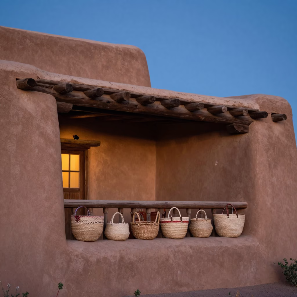 Adobe Architecture And Woven Baskets in Santa Fe in in Santa Fe, New Mexico, United States