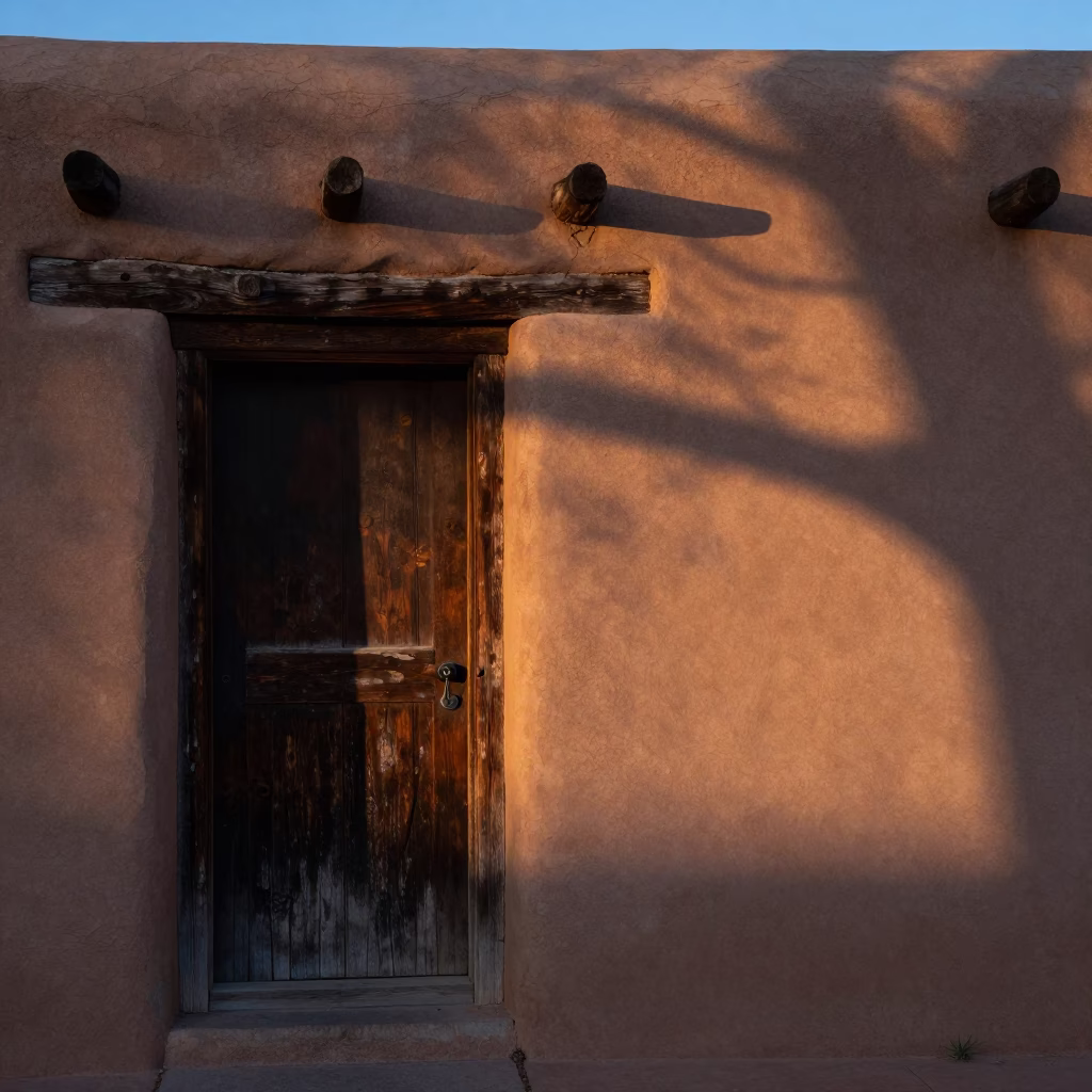 Adobe Architecture at Dawn in Santa Fe New Mexico with Local Details in in Santa Fe, New Mexico, United States