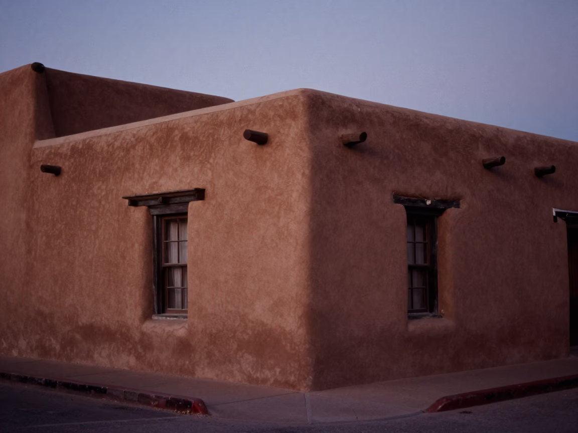 Adobe Architecture at The Predawn Darkness Light in Santa Fe in in Santa Fe, New Mexico, United States
