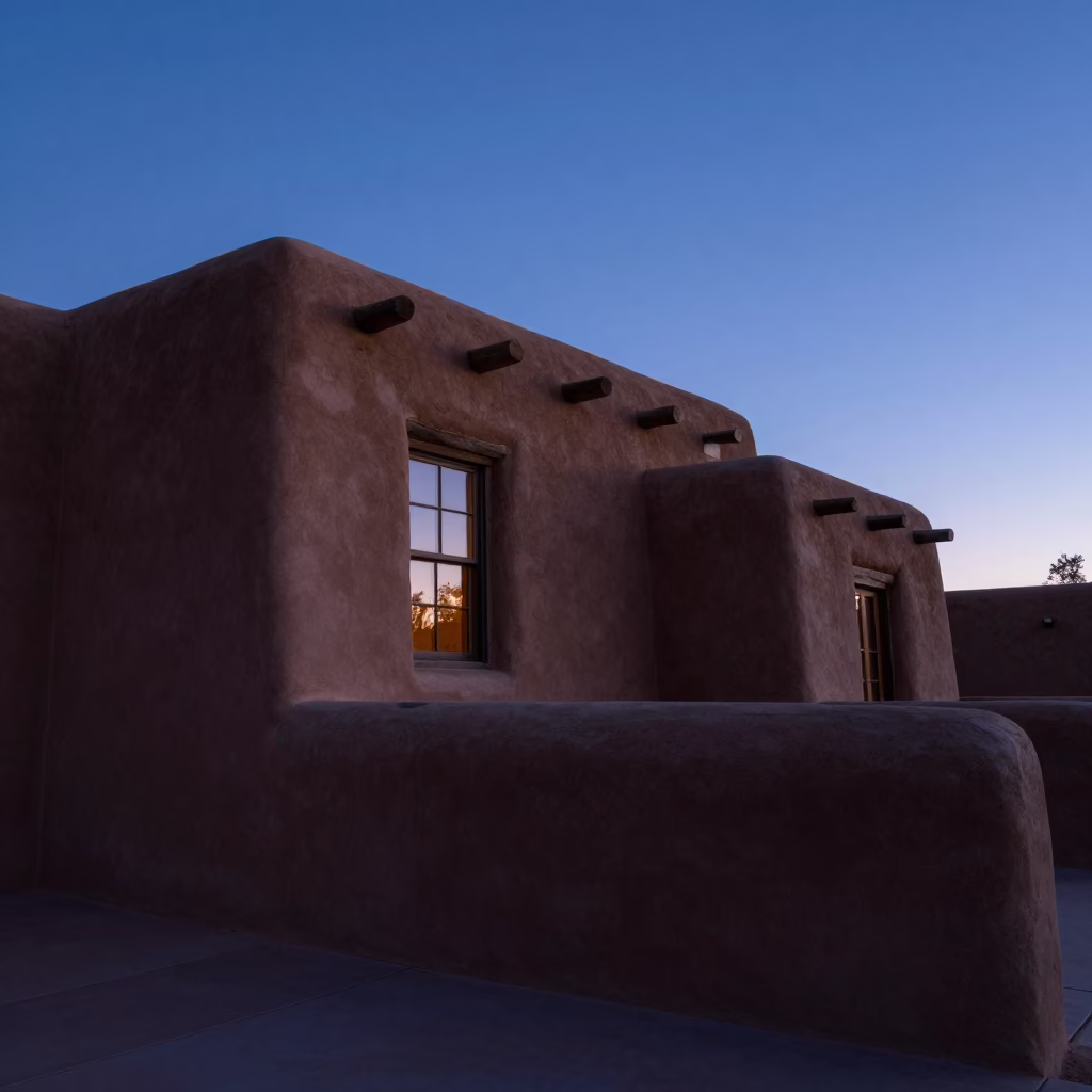 Adobe Architecture at The Still Hours Before Dawn Light in Santa Fe in in Santa Fe, New Mexico, United States