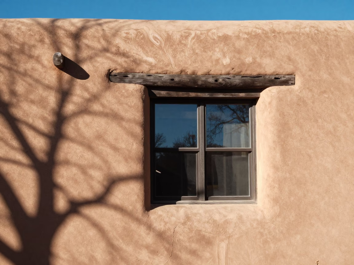 Adobe Architecture in Santa Fe at Bright Midmorning Light in in Santa Fe, New Mexico, United States