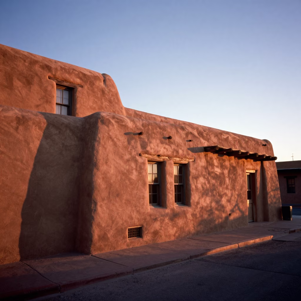 Adobe Architecture in Santa Fe at Copper-toned Light Before Dusk in in Santa Fe, New Mexico, United States