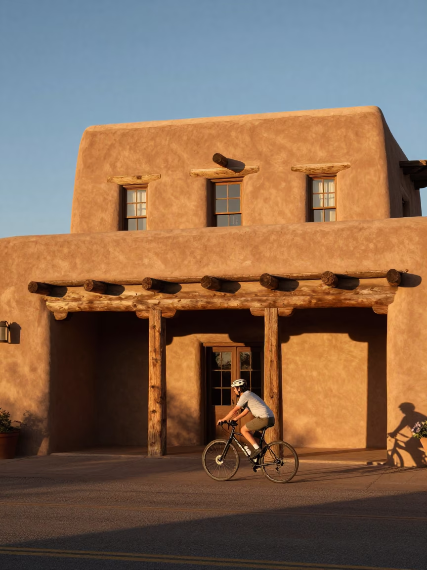 Adobe Architecture in Santa Fe at Honeyed Evening Light in in Santa Fe, New Mexico, United States