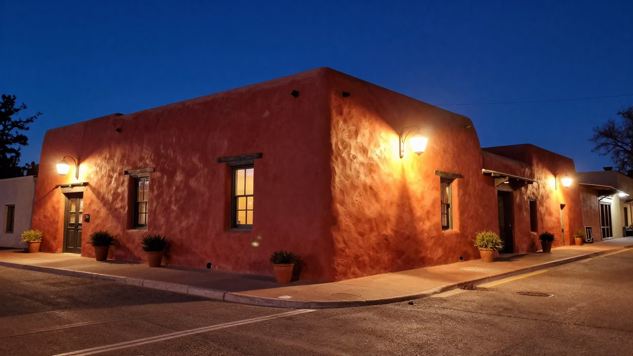 Adobe Architecture in Santa Fe at Late At Night Light in in Santa Fe, New Mexico, United States