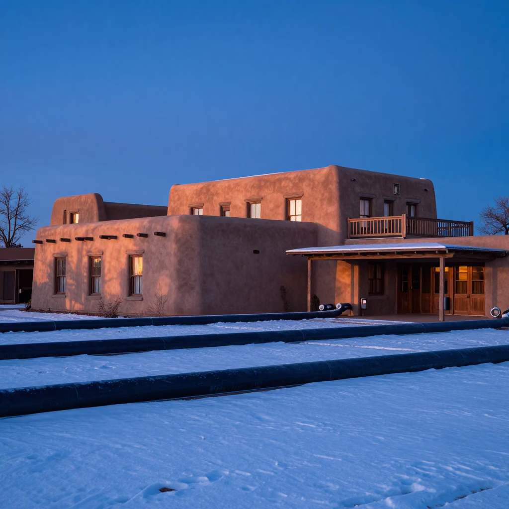 Adobe Architecture in Santa Fe at Nautical Dawn Light in in Santa Fe, New Mexico, United States