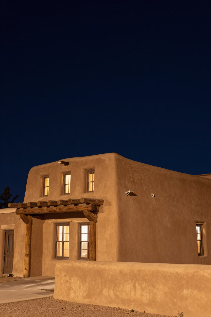 Adobe Building in Santa Fe at The Deepest Night Sky Light in in Santa Fe, New Mexico, United States