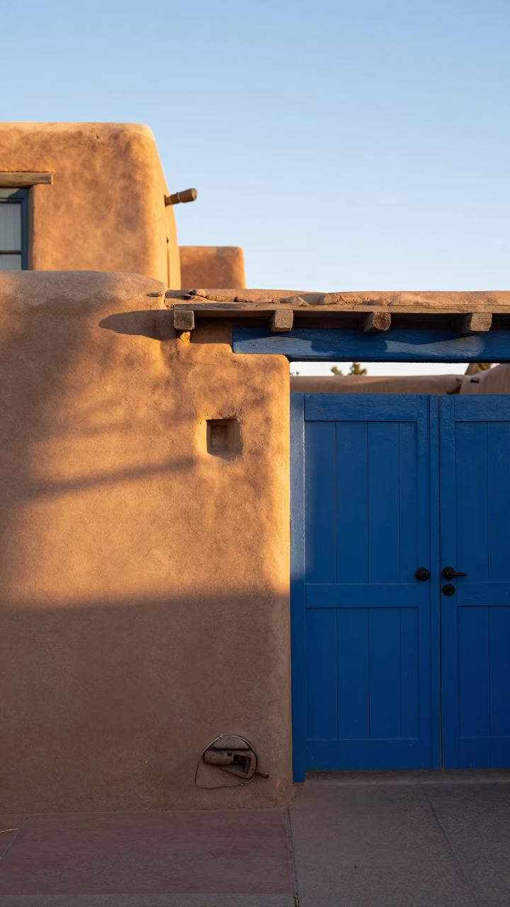 Adobe Courtyard in Santa Fe at The Early Morning Light in in Santa Fe, New Mexico, United States