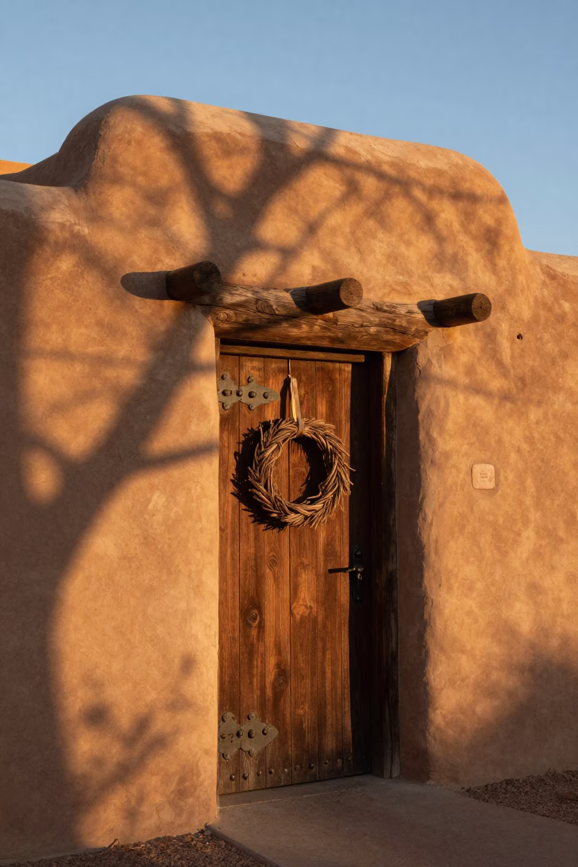 Adobe Exterior at The Early Evening Light in Santa Fe in in Santa Fe, New Mexico, United States