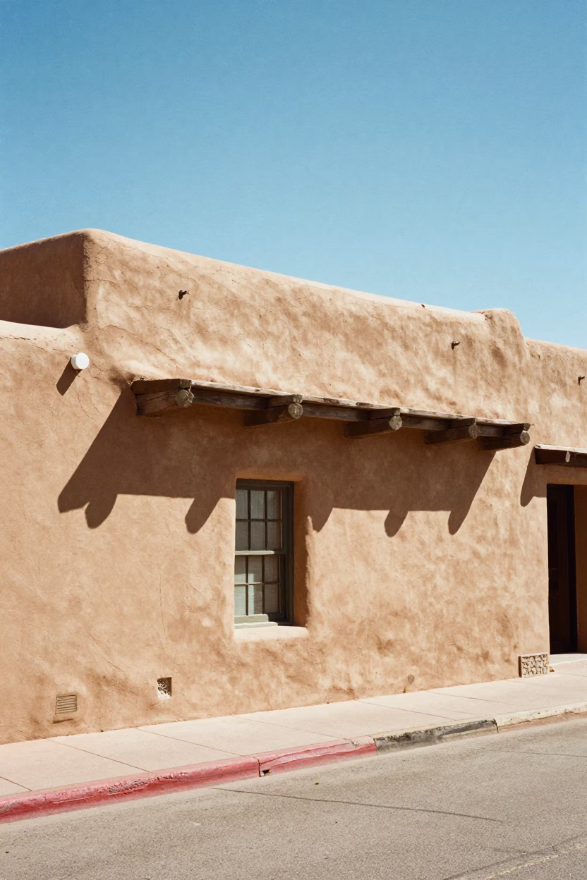 Adobe Exterior in Santa Fe at Flat Noon Light in in Santa Fe, New Mexico, United States
