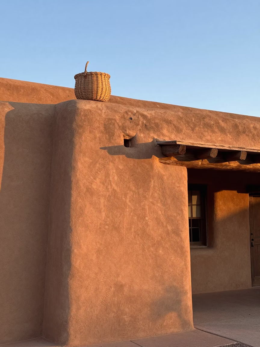 Adobe Exterior in Santa Fe at The Early Morning Light in in Santa Fe, New Mexico, United States