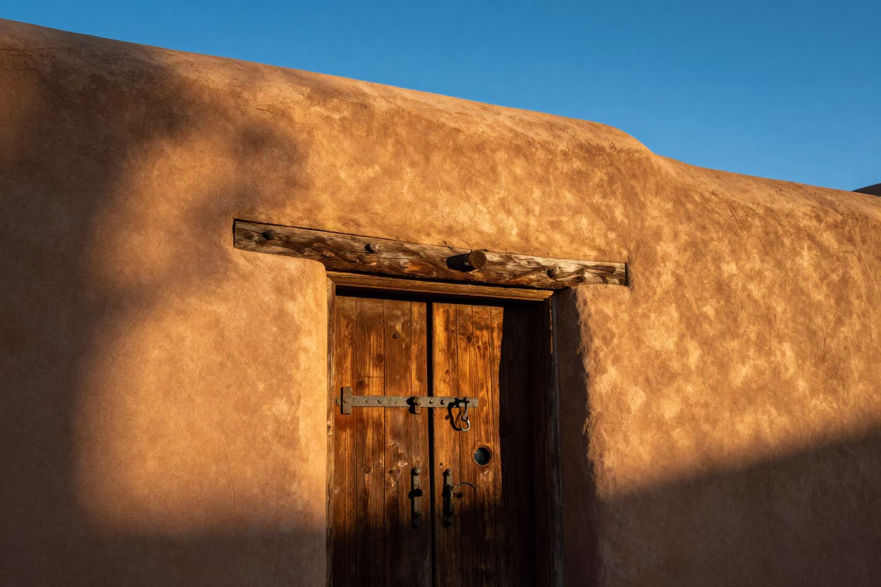 Adobe Exterior in Santa Fe at The Late Afternoon Light in in Santa Fe, New Mexico, United States