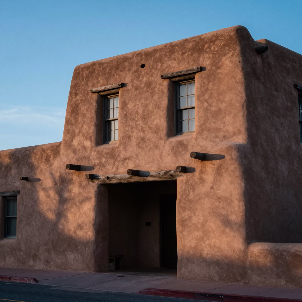 Adobe Facade in Santa Fe at Blue Hour in in Santa Fe, New Mexico, United States
