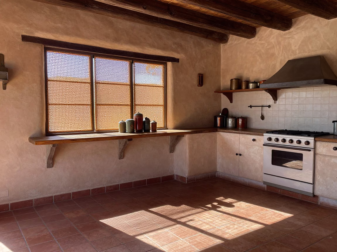 Adobe Kitchen in Santa Fe at Flat Noon Light in in Santa Fe, New Mexico, United States